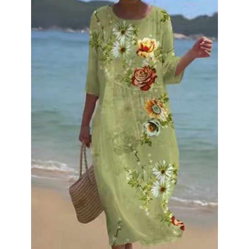 Women's Midi Dress Casual Dress Print Dress Fashion Modern Daily Beach Weekend Regular Fit Floral 3/4 Length Sleeve Crew Neck Light Green Blue Purple Green Spring Fall Autumn2