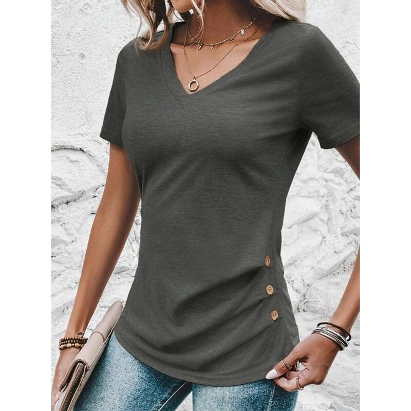 Women's Summer Tops Solid Color Stylish Casual Short Sleeve V Neck Regular Tops Daily Buttons Army Green Red Purple Fuchsia Gray Summer Spring4