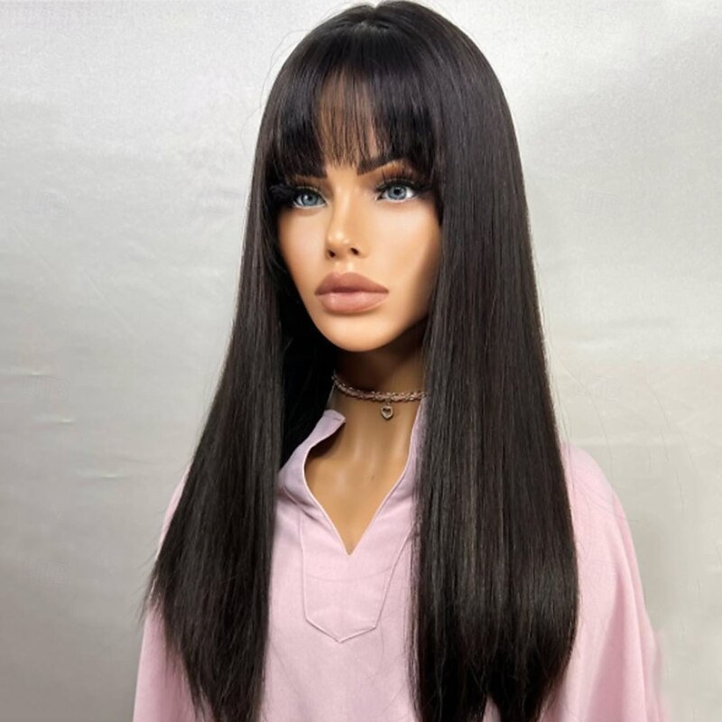 Human Hair 5x5 Closure 13x4 Lace Front Wig With Bangs Brazilian Hair Straight Black Wig 130% 150% Density with Baby Hair Natural Hairline 100% Virgin Glueless For Women Long Human Hair Lace Wig3