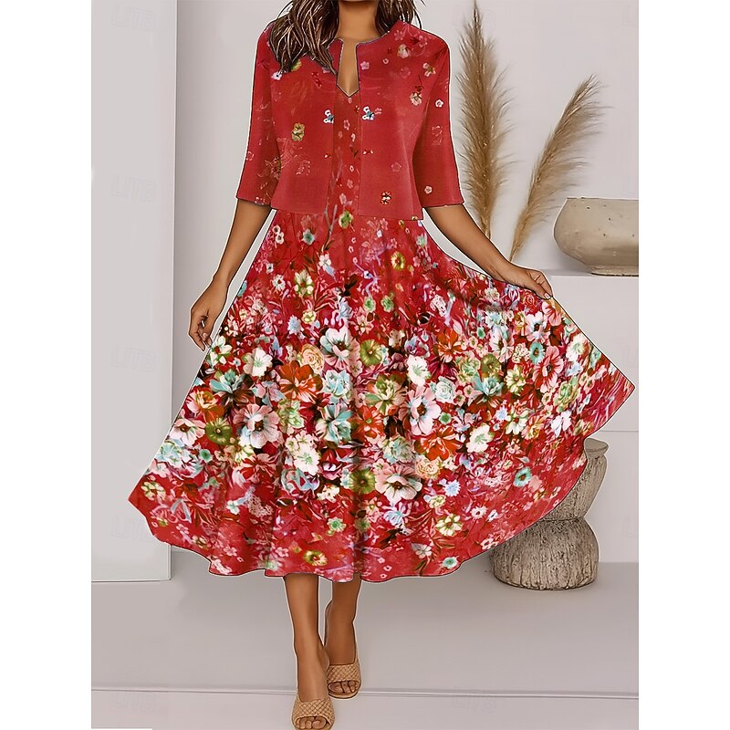 Women's Two Piece Dress Sets Midi Dress with Jacket Elegant A Line Dress Half Sleeve Casual Semi Formal Ombre Floral Print V Neck Date Red Sky Blue Green Regular Fit3