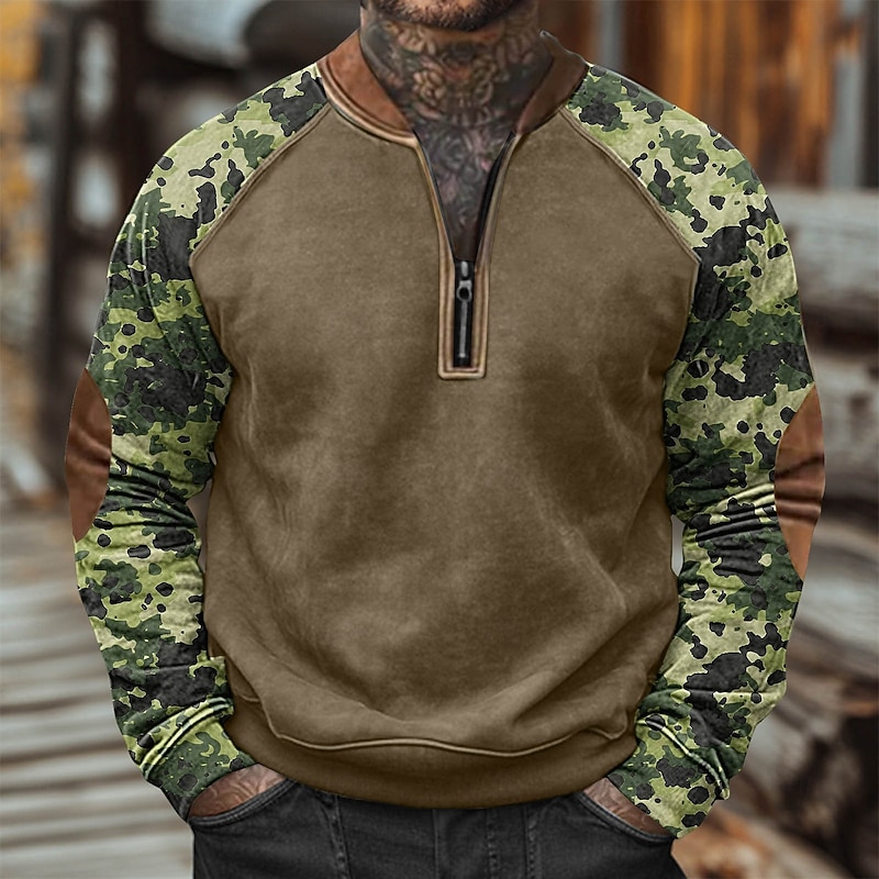 Men's Sweatshirt Quarter Zip Sweatshirt Army Green Green Khaki Camouflage Green Half Zip Color Block Camo / Camouflage Half Zip Print Casual Daily Holiday Polyester Vintage Streetwear Casual Fall