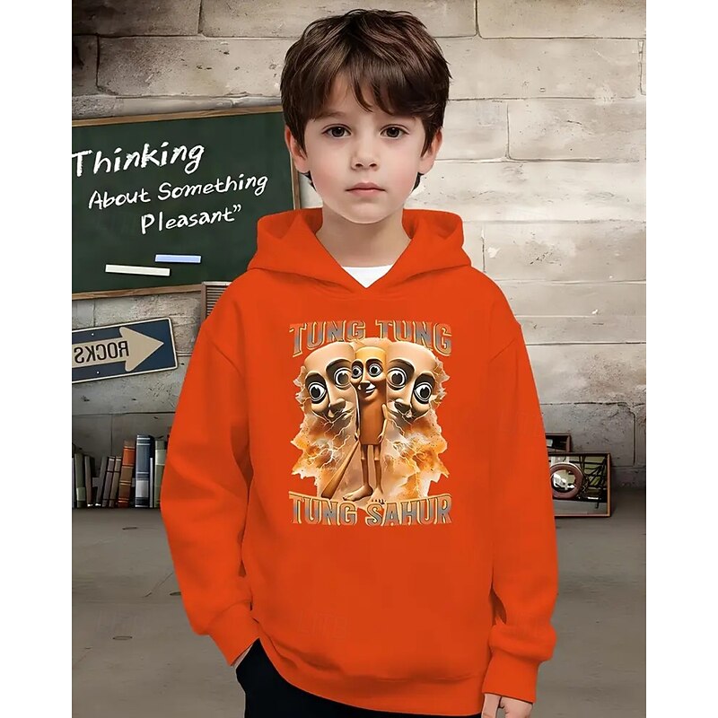 Boys' Casual Hoodie with TUNG TUNG TUNG SAUR Funny Abstract Print 3D Graphic Hoodie Long Sleeve Spring Fall Fashion Streetwear Kids 4-12 Years Hooded Outdoor Casual Daily Regular Fit3