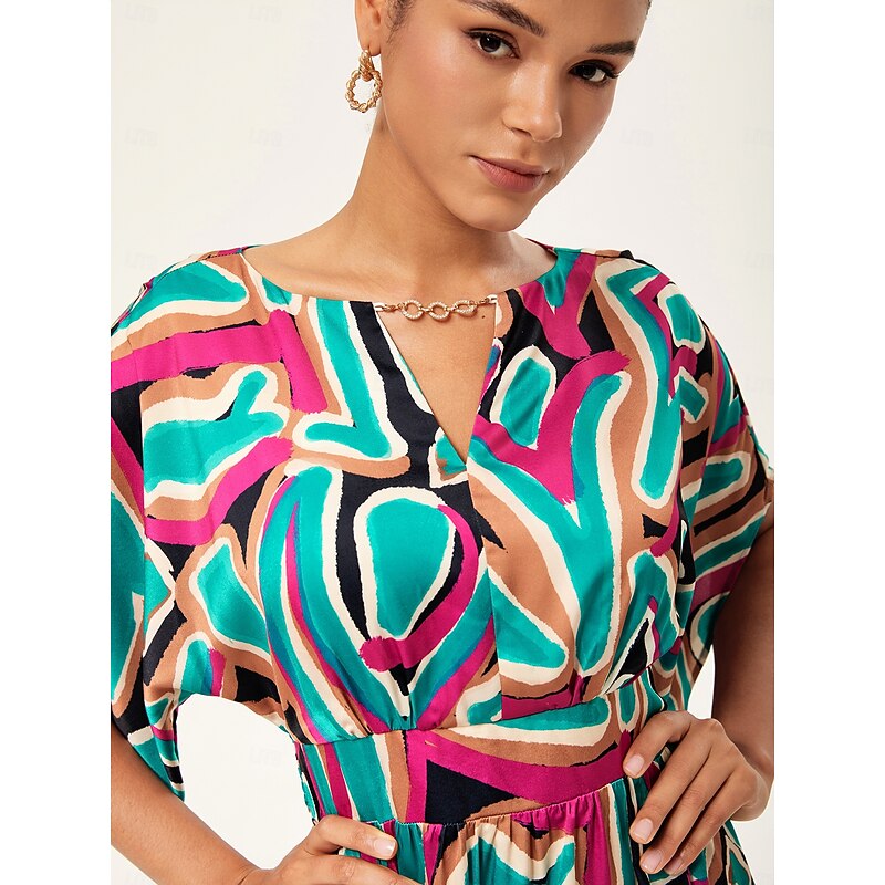 Colorful Abstract Batwing Sleeve Cinched Maxi Dress2