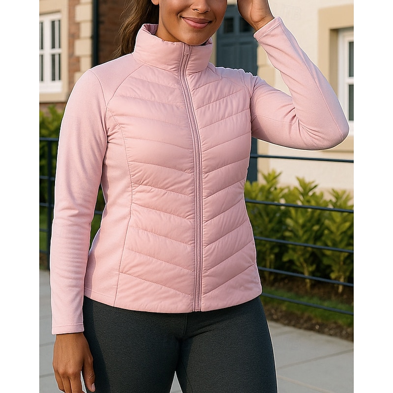 Women's Puffer Jacket outdoor coat Full Zip Long Sleeve Top Athleisure Solid Colored Windproof Lightweight Warm Athletic Sports Track Sportswear Activewear Black White Pink3