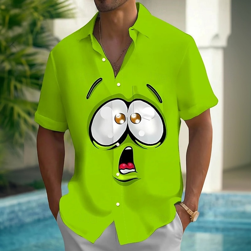 Men's Cartoon Funny Big Eyes Shirt Summer Shirt Button Up Shirt Short Sleeve Fashion Casual Outdoor Vacation Dailywear Summer Spring Turndown 3D Print Collared Shirts Front One Pocket Green