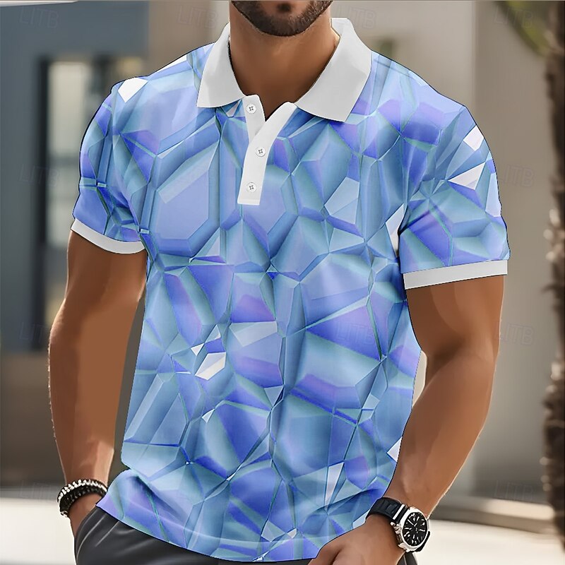 Men's Geometic Polo Short Sleeve Polo Shirts Collared Shirts Casual Street Athleisure Daily Wear 3D Print Buttons Summer Pink Blue Purple2