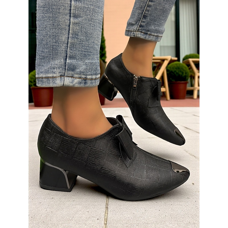 Women's Black Textured Block Heel Ankle Boots – Elegant Bow Decor Pointed Toe Short Boots, Business Casual and Office Wear for Autumn and Winter4