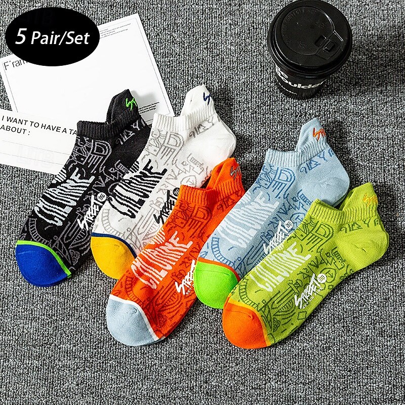 Men's 5 Pairs Multi Packs Socks Running Socks Casual Socks Black White Color Letter Vacation Sports & Outdoor Daily Basic Medium Spring Fall Fashion Casual