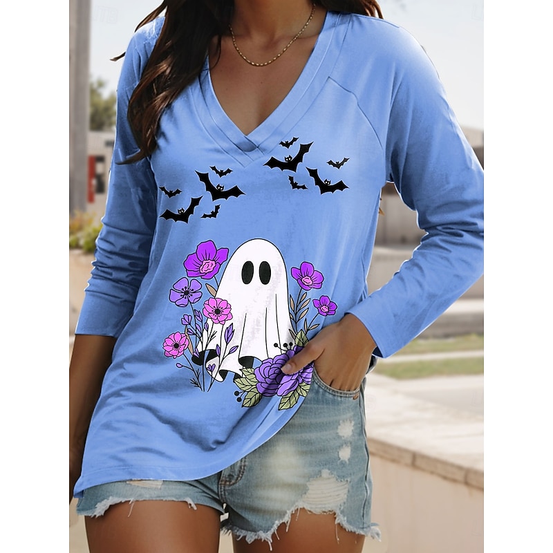 Halloween Women's T shirt Ghost V Neck Long Sleeve Graphic Casual Vintage Regular Tops Daily Print Pink Blue Orange Green Spring Fall
