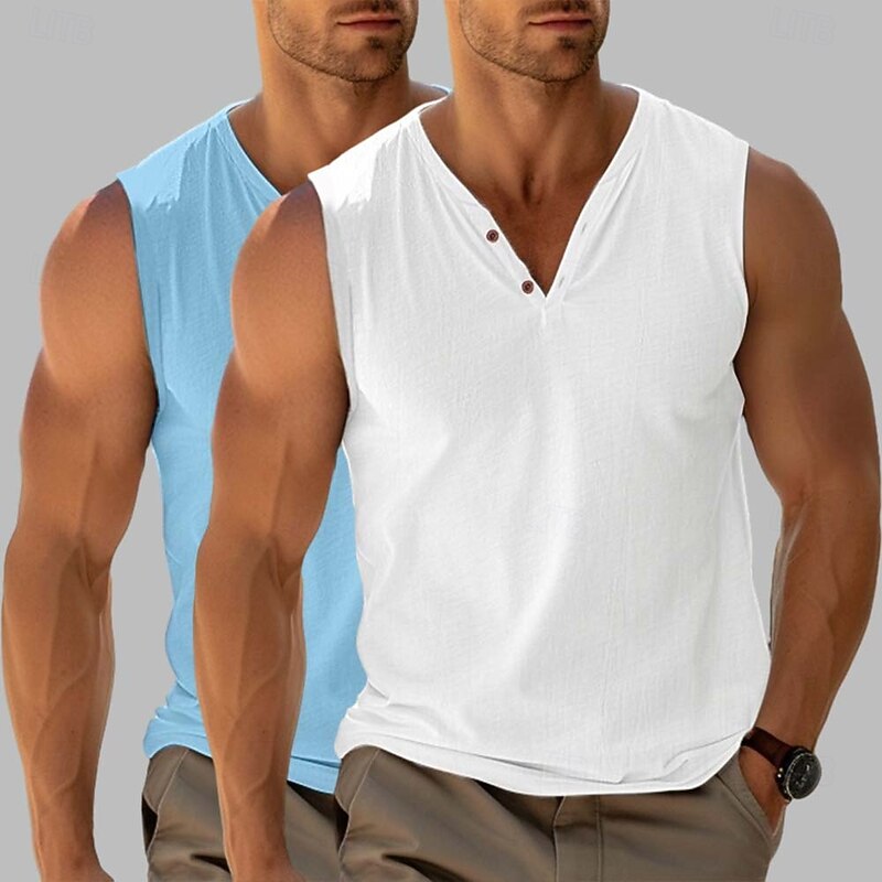 Men's Henley Shirt Tee Top Sleeveless Short Sleeves V Neck Summer Plain Fashion Designer Basic 2 Piece Multi-pack Vacation Street Casual Black+Black White+Khaki Black+ Khaki Top Tee for Men2