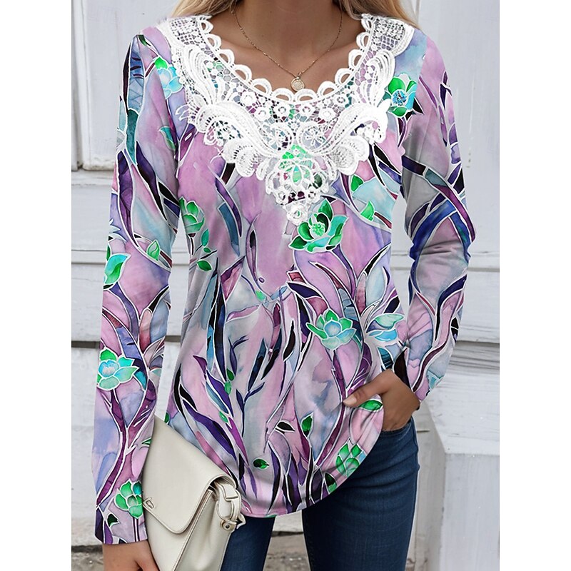 Women's Blouse Tunic Lace Splicing V Neck Long Sleeve Floral Graphic Plants Vintage Casual Crew Neck Regular Tops Daily Going out Weekend Lace Patchwork Print Blue Purple Green Rose Pink Spring Fall2