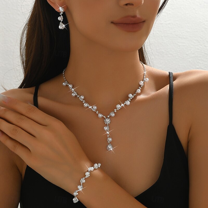 Bridal Jewelry Sets Three-piece Suit Pearl Rhinestone 1 Necklace 1 Bracelet Earrings Women's Classic Sweet Lovely Classic Drop Love Geometric Jewelry Set For Wedding Work Party Evening Wear4