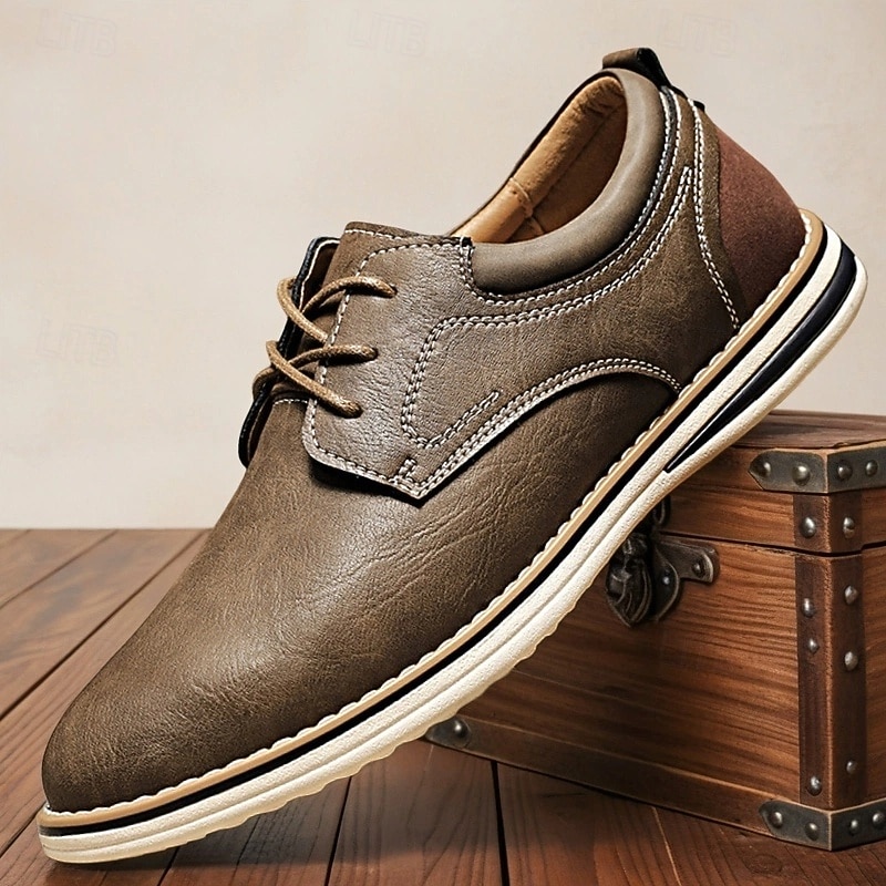 Men's Brown Faux Leather Casual Derby Shoes – Lightweight Lace-up Design for Everyday Office Wear, Weekend Outings and Smart Casual Style