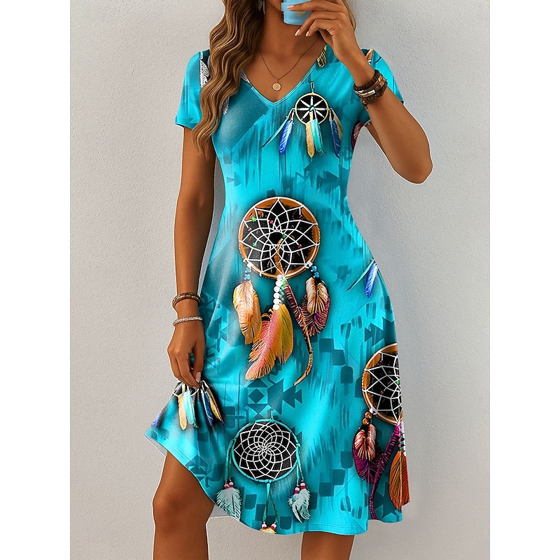 Women's Mini Dress Casual Dress T Shirt Dress Tee Dress Sundress A Line Dress Vacation Casual Boho Beach Regular Fit Graphic Feather Short Sleeve V Neck Blue Purple Orange Green Summer Spring