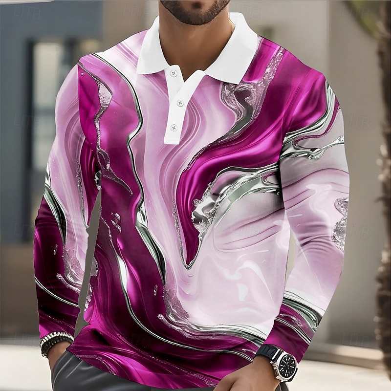 Men's Geometic Marble Polo Long Sleeve Polo Shirts Lapel Casual Athleisure Daily Wear 3D Print Buttons Spring Fall Winter Blue Purple Green2