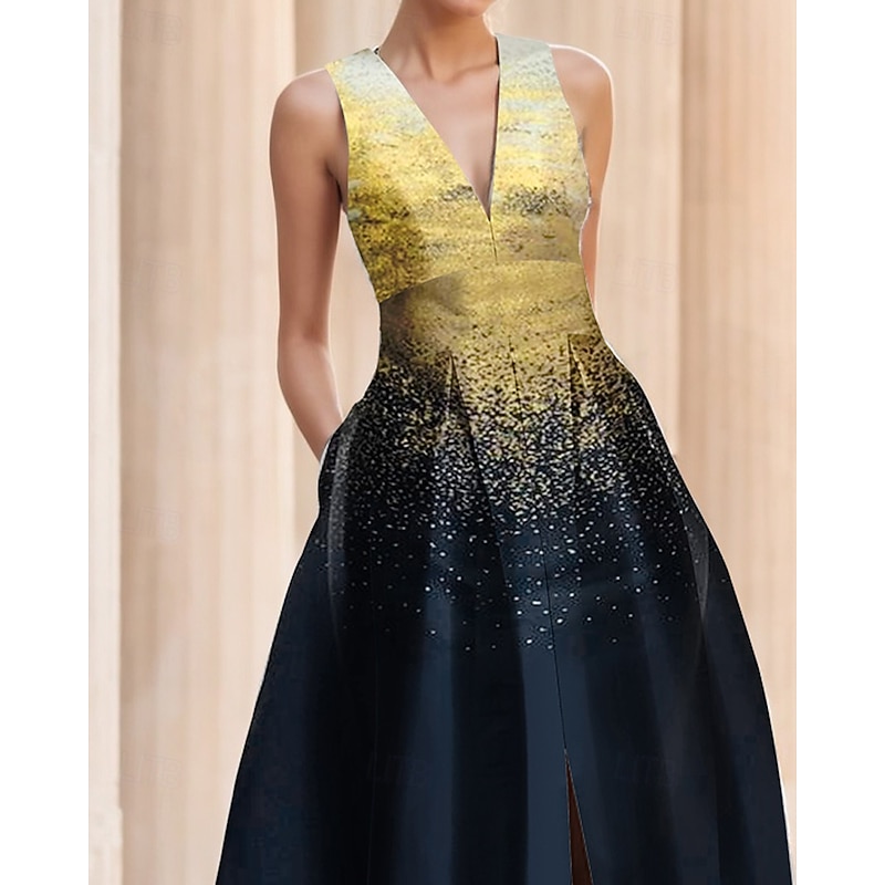 Glod and Black Jacquard Gown A-Line Evening Gown Elegant Dress Formal Wedding Floor Length Sleeveless V Neck Nylon with Slit Pocket3