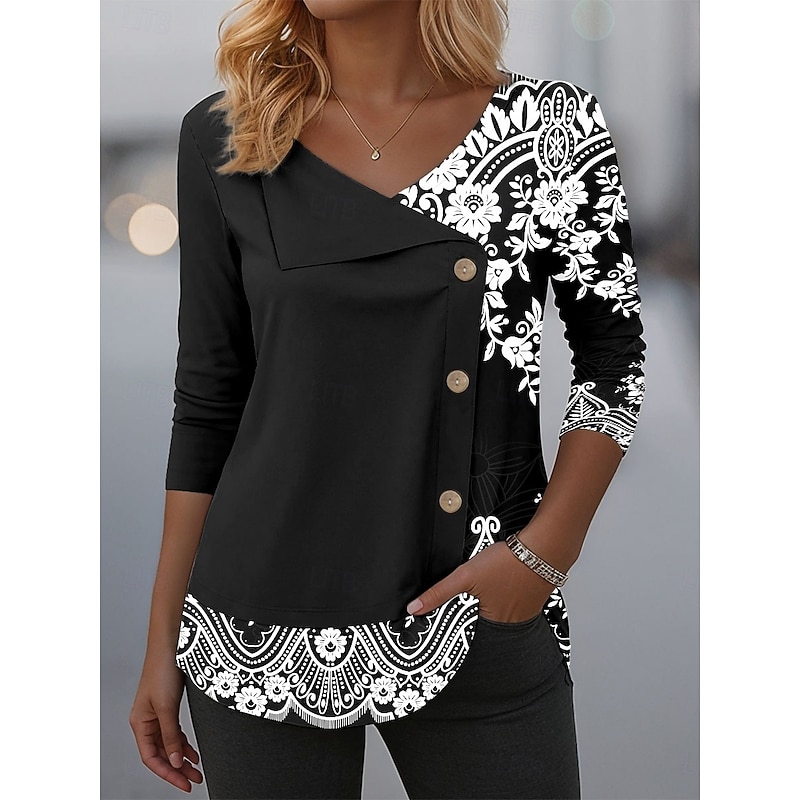 Women's Blouse Tunic V Neck Long Sleeve Buttons Graphic Tribal Elegant Fashion Casual Crew Neck Regular Tops Daily Patchwork Print Black Pink Blue Purple Green Spring Fall Winter Prefall