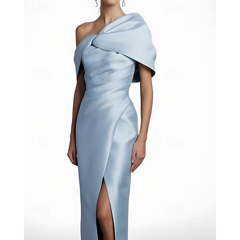 Black Tie Cape Dress Sheath / Column Evening Gown Elegant Dress Formal Wedding Floor Length Sleeveless Off Shoulder Stretch Satin with Pleats Slit2
