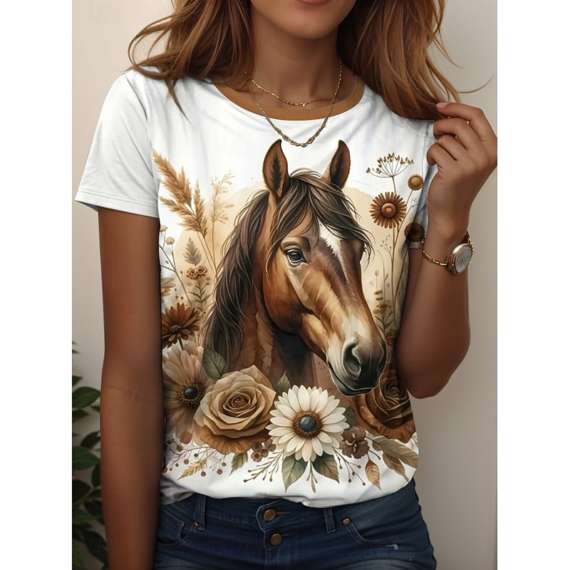 Women's T Shirt Graphic Animal Horse Vintage Stylish Classic Short Sleeve Crew Neck Round Neck Regular Tops Daily Weekend Print Black White Blue Dusty Blue Summer Spring