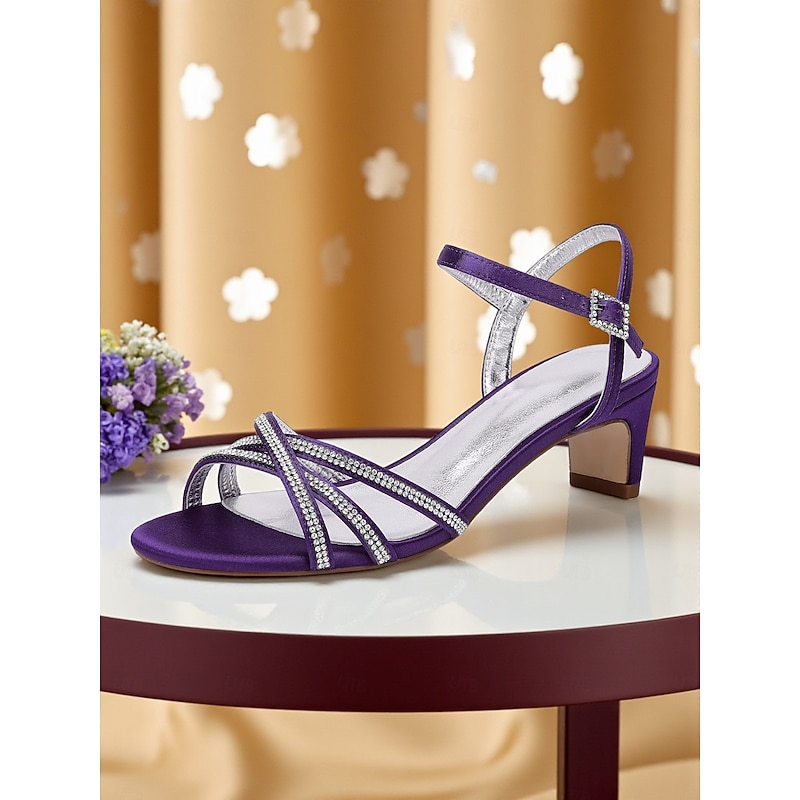 Women's Satin Party Sandals - Elegant Navy Blue Open Toe Block Heel Shoes with Rhinestone Straps and Adjustable Buckle, Perfect for Formal Events and Cocktail Parties2