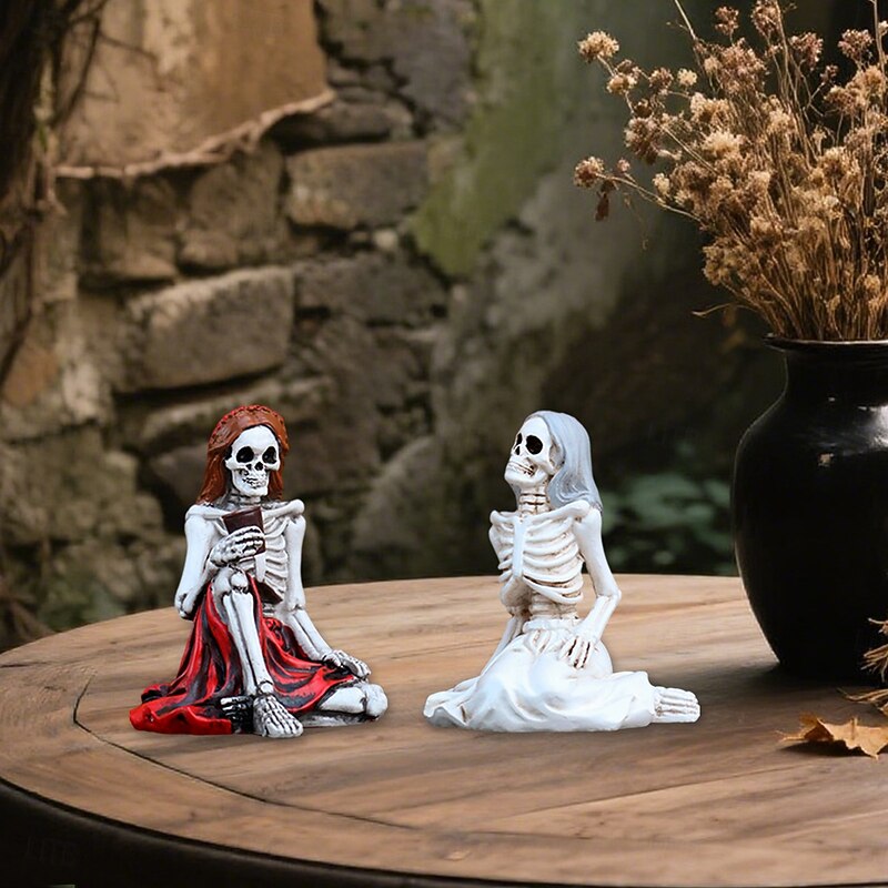 2PCS Halloween Resin Chatting Skeleton Girl Figurines Set, Spooky Outdoor Yard Planter Balcony and Desktop Decorations, Halloween Home Decor Ornaments2