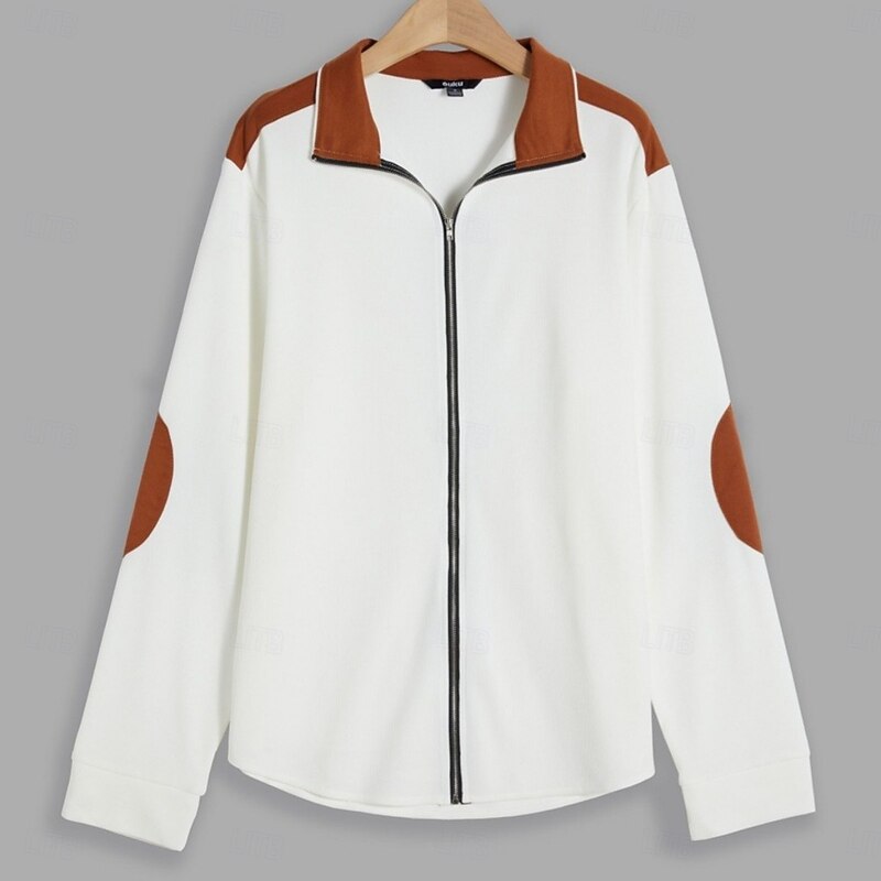 Men's T Shirt Jacket Waffle Knit Tee Tee Top Long Sleeve Standing Collar Fall Spring &  Fall Color Block Fashion Designer Basic Zip Up Patchwork Vacation Street Casual White Navy Blue khaki Top Tee3