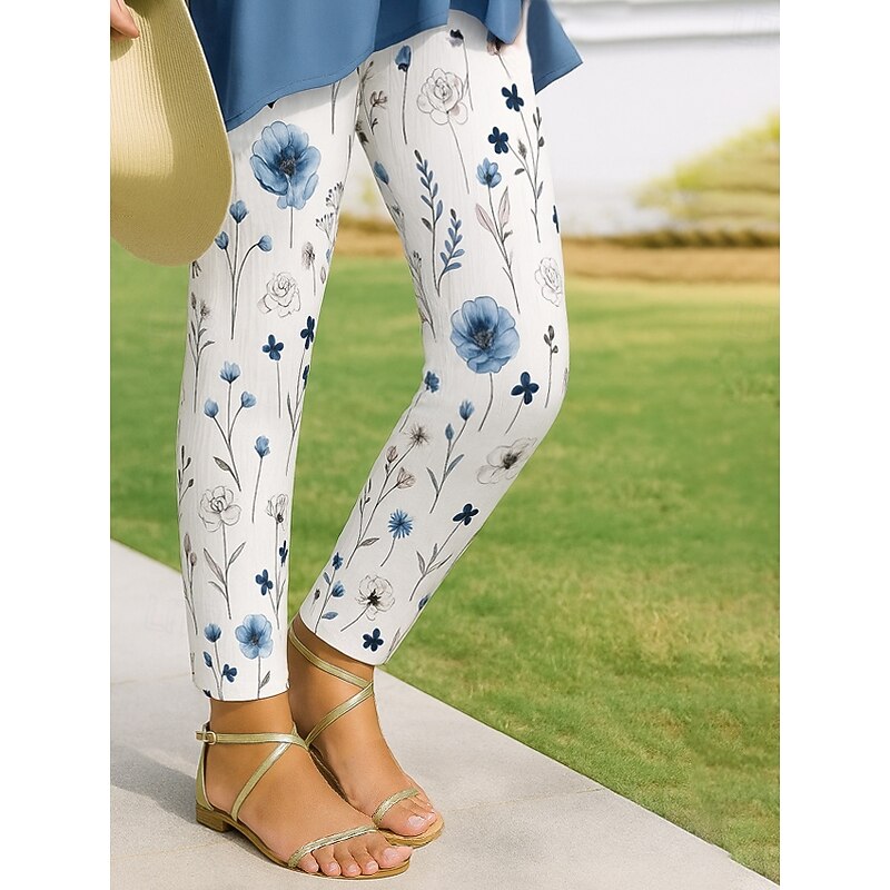 Women's Leggings Vacation Vintage Ethnic Style Ankle-Length High Waist Floral Graphic 3D Print Quick Dry Breathability Soft High Elasticity Outdoor Home Causal White Pink Red Blue Spring Fall Slim Fit2