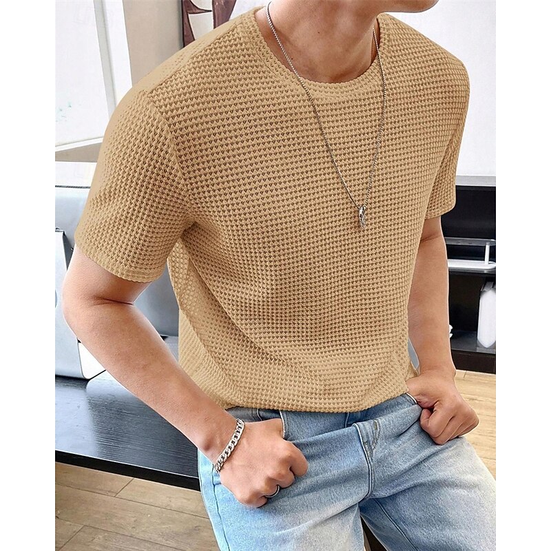 Men's Waffle Tee T Shirt Tee Short Sleeve Shirt Short Sleeve Crew Neck Summer Plain Fashion Designer Basic Jacquard Vacation Street Going out Pink Khaki Coffee Top Tee for Men4