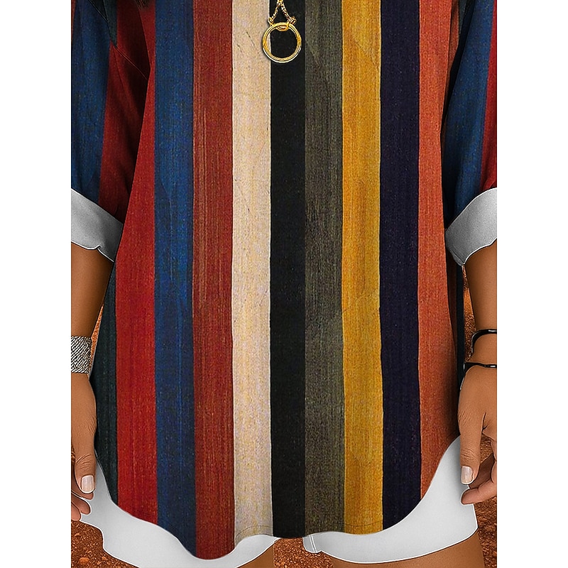 Women's Shirt Cotton Linen Shirt Blouse Graphic Geometric Striped Daily Hawaiian Business Long Sleeve V Neck Regular Tops Work Daily Holiday Buttons Print Yellow Red Blue Purple Green Summer Spring3