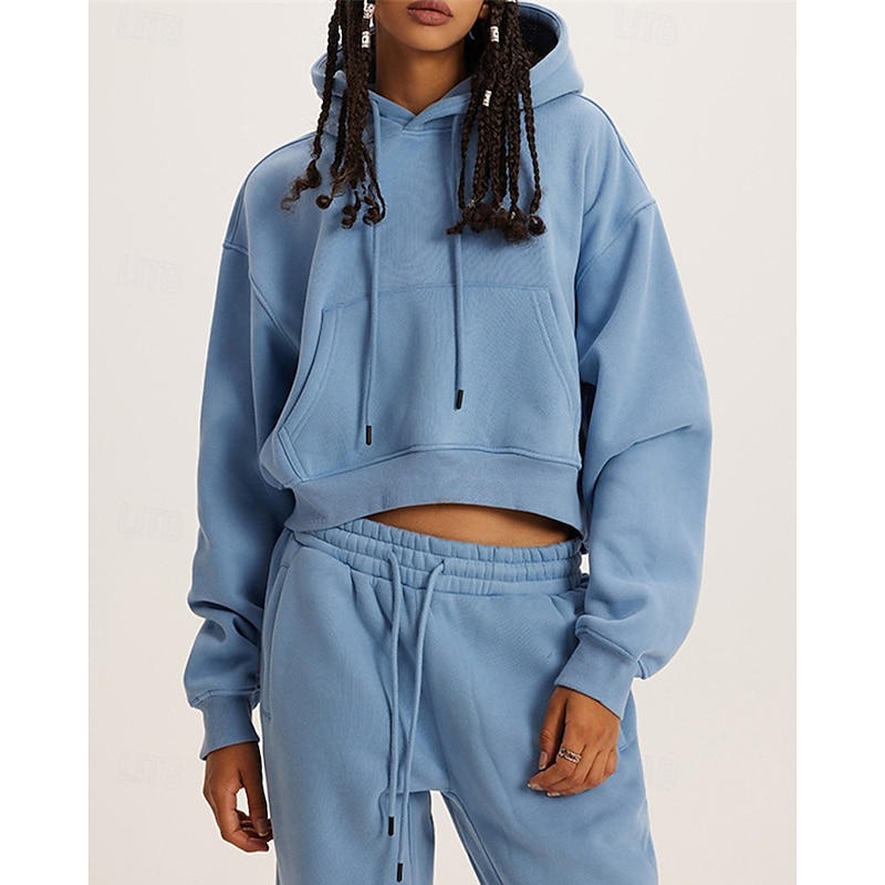 Women's Fashion Streetwear Pants Sets Short Sleeve Hooded Plain Daily Wear Date Black Blue Gray Summer Regular Fit