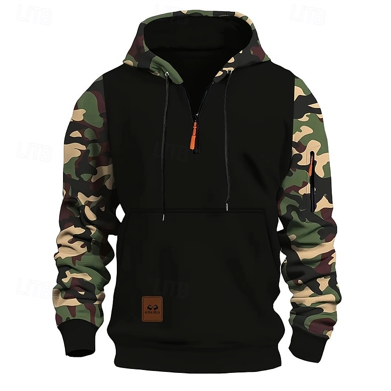 Men's Hoodie Quarter Zip Hoodie Red Blue Green Gray Hooded Camouflage Patchwork Drawstring Sports & Outdoor Daily Holiday Polyester Streetwear Basic Casual Winter Autumn / Fall Clothing Apparel