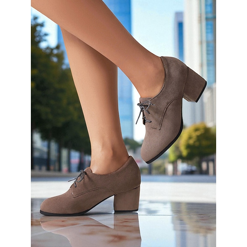 Women's Brown Suede Oxford Heels - Comfortable Walking Lace-Up Vintage Style Shoes for Autumn Winter Outfits, Office, and Daily Wear3