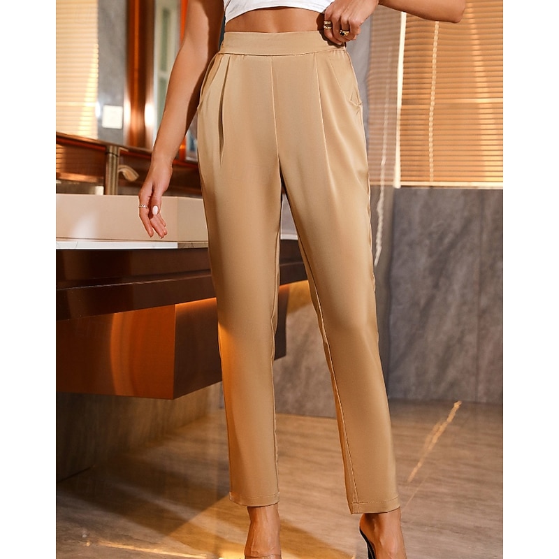 Women's Dress Pants Fashion Streetwear Full Length Natural Plain Pocket Elastic Waist Comfortable Formal Street Business Black White Champagne Fall Regular Fit3