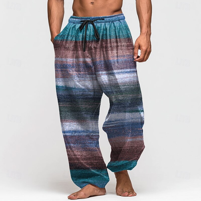 Men's Color Block Striped Trousers Baggy Pants Casual Pants Mid Waist Retro Vintage Outdoor Vacation Elastic Drawstring Waist Linen-Like Pants with Pockets Summer Spring Fall 3D Print Blue Brown Green4