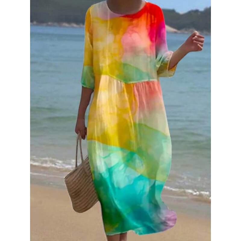 Women's Midi Dress Casual Dress Print Dress Fashion Modern Daily Beach Weekend Regular Fit Color Gradient 3/4 Length Sleeve Crew Neck Yellow Blue Orange Green Spring Fall Autumn3