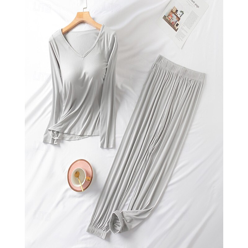 Women's Pajamas Comfort Pure Color Ruched T Shirt Pant Home Daily Bed Long Sleeve V Neck Black Light Grey Light Blue Fall3