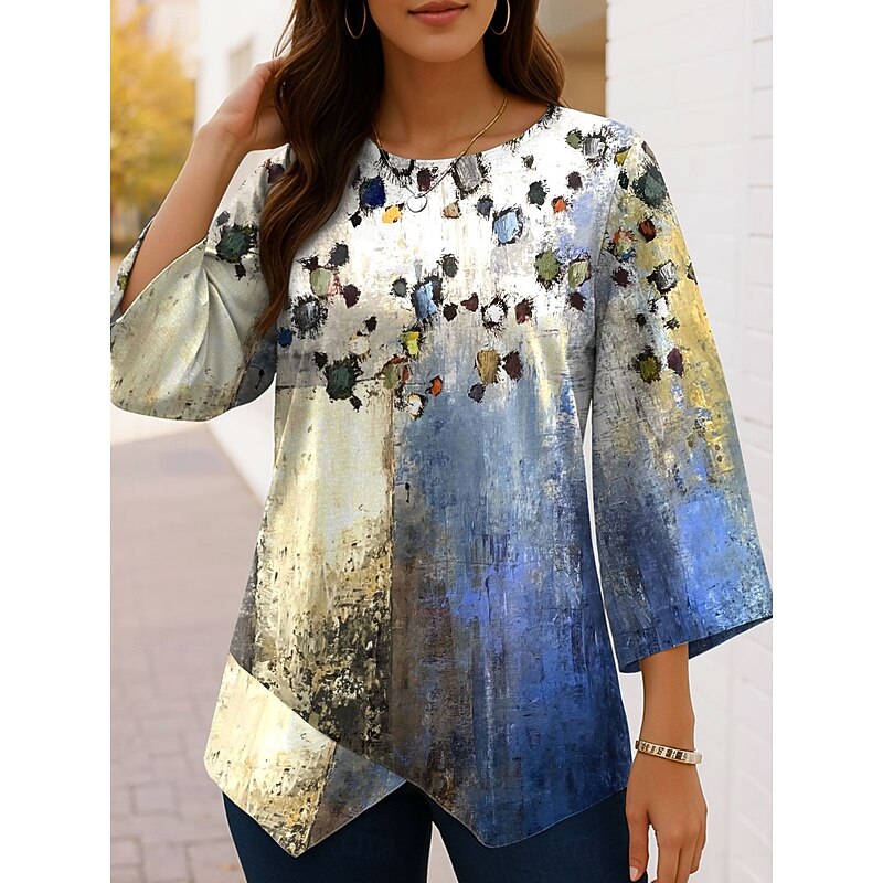 Women's Blouse Ombre Graphic Abstract Vintage Tropical Stylish 3/4 Length Sleeve Crew Neck Regular Tops Daily Print Blue Purple Green Spring Fall