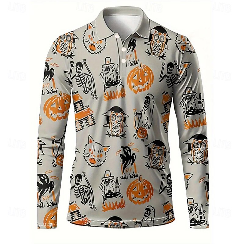 Halloween Men's Pumpkin Witch Polo Long Sleeve Polo Shirts Lapel Casual Outdoor Daily Wear Festival Outfit 3D Print Buttons Spring Fall Winter Orange2