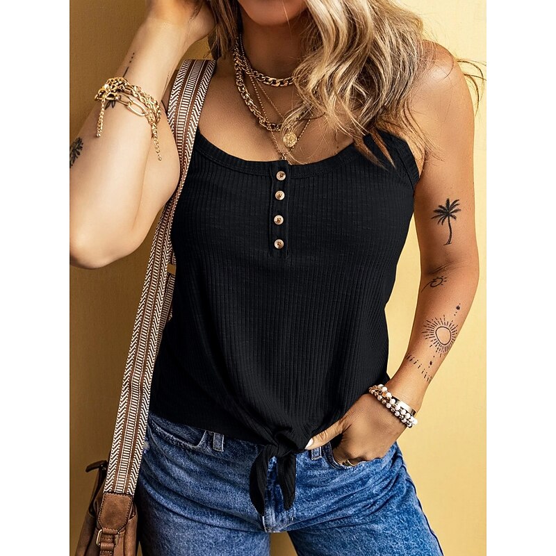 Women's Camisole Tank Top Solid Color Daily Stylish Casual Sleeveless Scoop Neck Regular Tops Daily Buttons Black Yellow Army Green Apricot Summer Spring