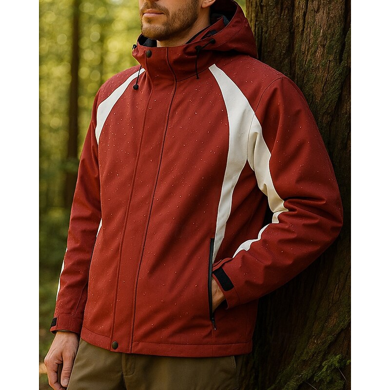 Men's Windbreaker Hiking Jacket rain coat Outdoor Waterproof Windproof Lightweight Hiking Outfits Hiking Clothes Spring Autumn / Fall Top Camping / Hiking / Caving Running Patchwork Black Red Khaki - Main Image