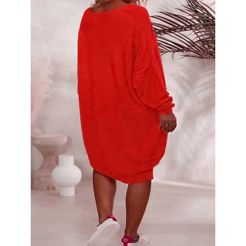 Women's Sweater Dress Daily Stylish Basic Pure Color Fuzzy V Neck Knitted Long Sleeve Regular Tops Knit Outdoor Daily Red Fall Winter3