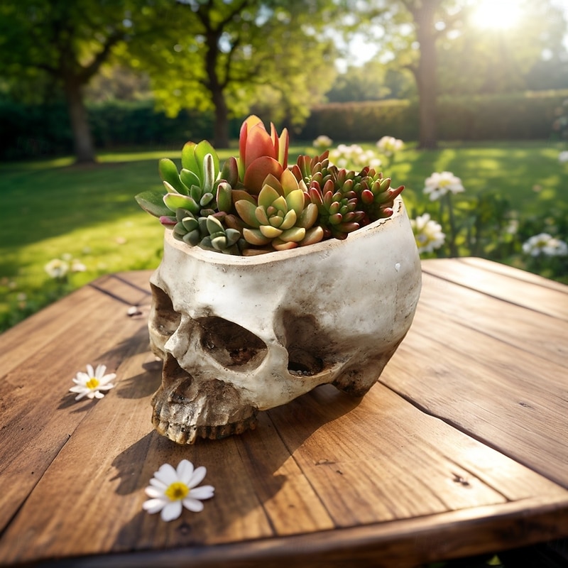 Halloween Gothic Skull Planter, Resin Sculpture Horror Art Flower Pot for Garden, Patio, or Halloween Party Decor, Creative Succulent Pot for Spooky Holiday Celebrations
