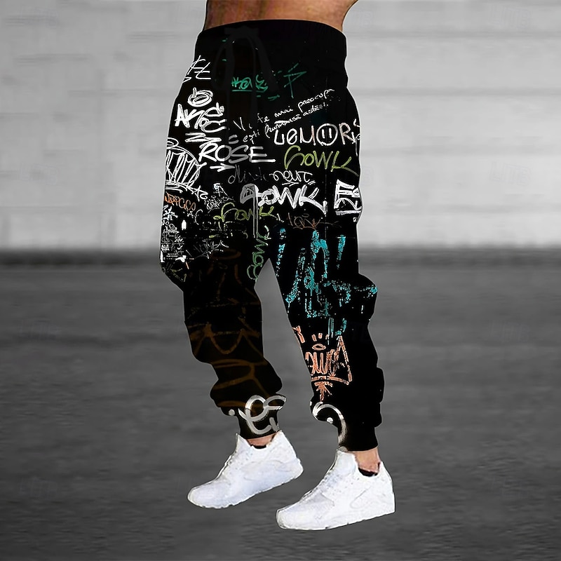 Men's Colorful Graffiti Sweatpants Joggers Trousers Mid Waist Drawstring Elastic Waist Casual Jogging Streetwear Workout Athletic Sweatpants with Pockets Spring Fall 3D Print Black 1# Black
