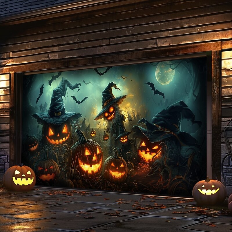 Halloween Garage Door Cover Banner Backdrop – Witch with Jack-o'-Lanterns Under Moon, Easy Hang with Included Hardware, Outdoor Decoration for 2025 Halloween Home Front Yard2