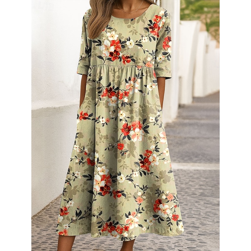 Women's Midi Dress Casual Dress A Line Dress Summer Dress Vacation Casual Holiday Loose Fit Floral Graphic Half Sleeve Crew Neck Yellow Pink Blue Green Summer Spring3