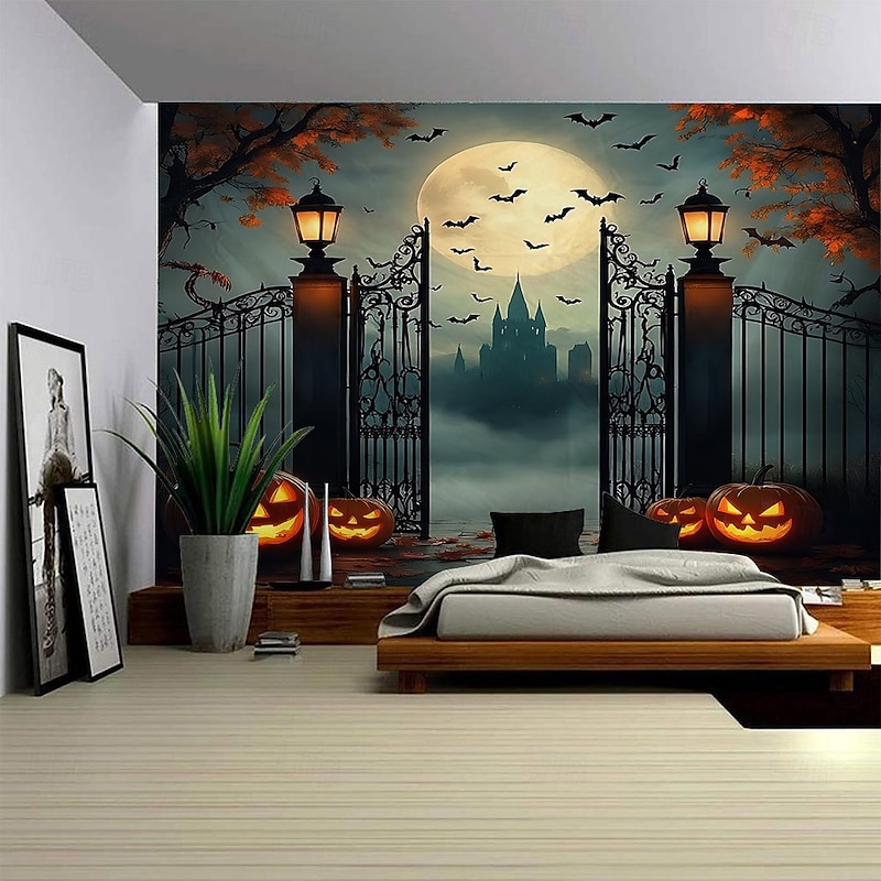 Halloween Jack O Lantern Pumpkin Hanging Tapestry Wall Art Large Tapestry Mural Decor Photograph Backdrop Blanket Curtain Home Bedroom Living Room Creepy Town Mansion House Halloween Decorations