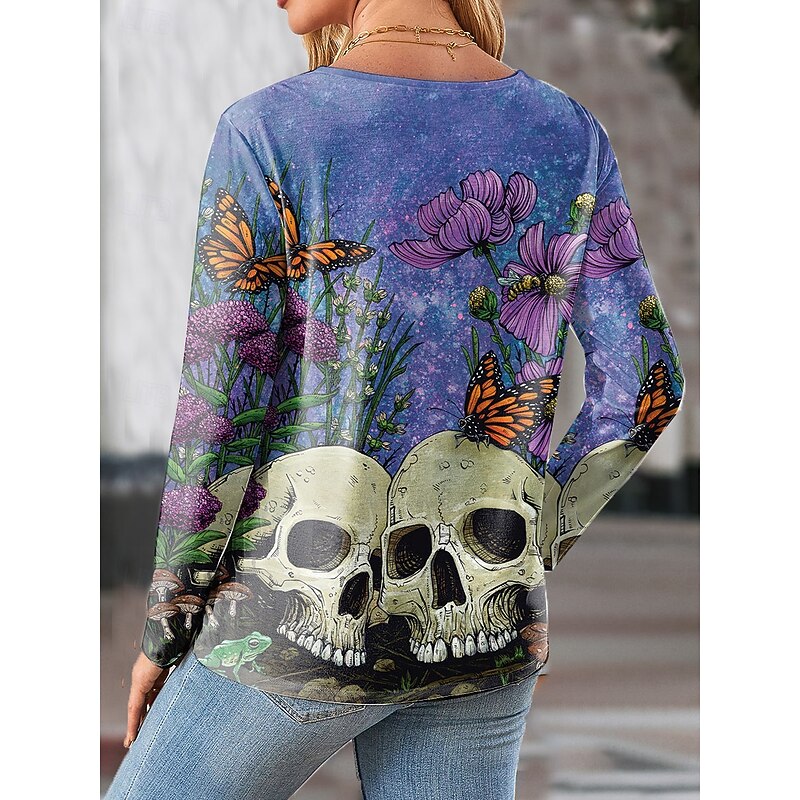 By David Lozeau Halloween Women's T Shirt Skulls Crew Neck Long Sleeve Tunic Floral Graphic  Vintage Stylish Classic  Regular Tops Daily Print2