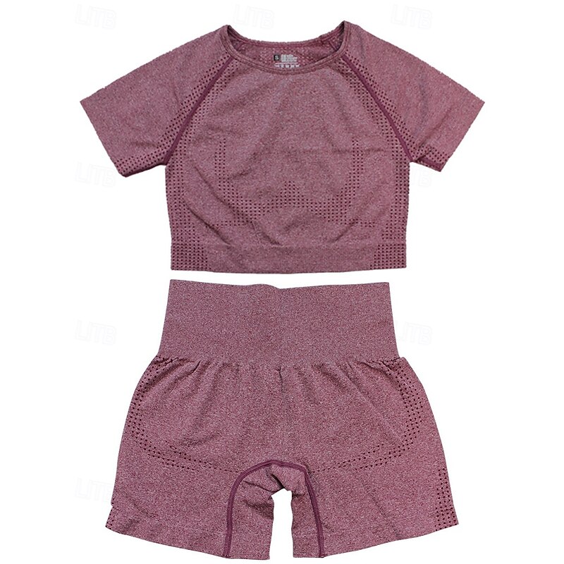 Women's 2 Pieces Workout Sets Shorts and Crop Top Solid Color Clothing Suit Dark Grey Lake Blue Gym Workout High Waist Stretchy Breathable Short Sleeve Sport Activewear Slim3