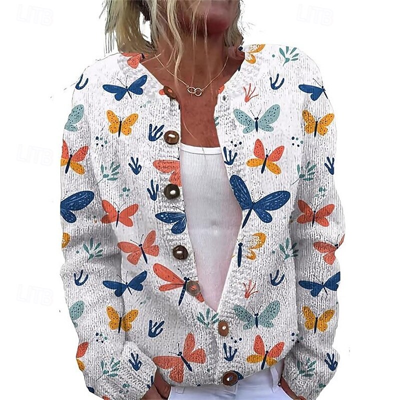 Women's Sweater Cardigan Fashion Streetwear Daily Animal Butterfly Ribbed Open Front Knitted Print Long Sleeve Long Tops Knit Holiday Going out Weekend White Blue Fall Winter3