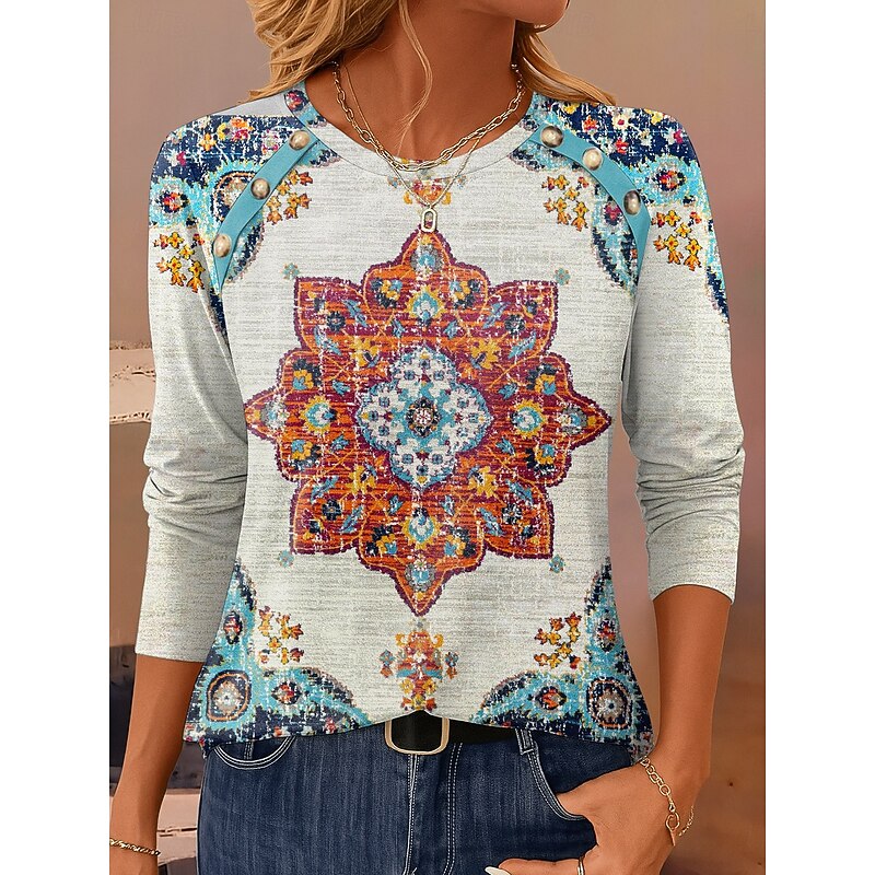 Women's T Shirt Graphic Geometric Vintage Casual Long Sleeve Crew Neck Regular Tops Daily Buttons Print Wine Red Blue Spring Fall Winter4